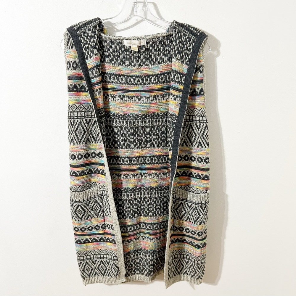 Monteau Los Angeles Geometric Pattern Hooded Sleeveless Sweater Vest Multicolor